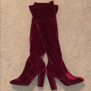 Burgandy/Red velvet thigh-high boots!